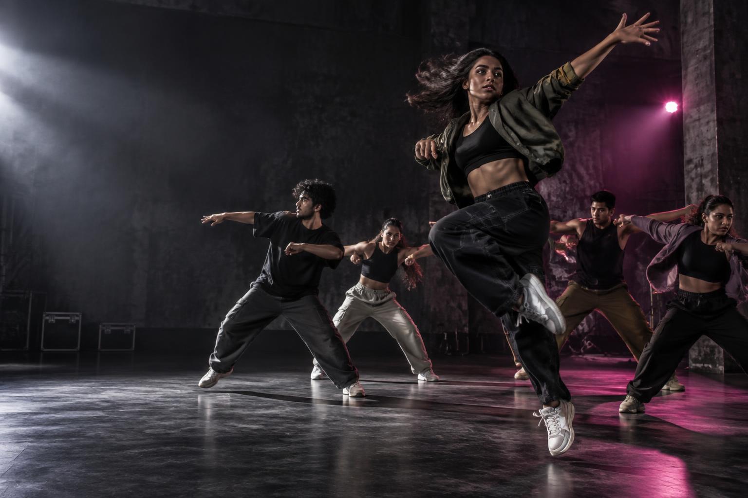 Dancers performing expressive hip-hop choreography